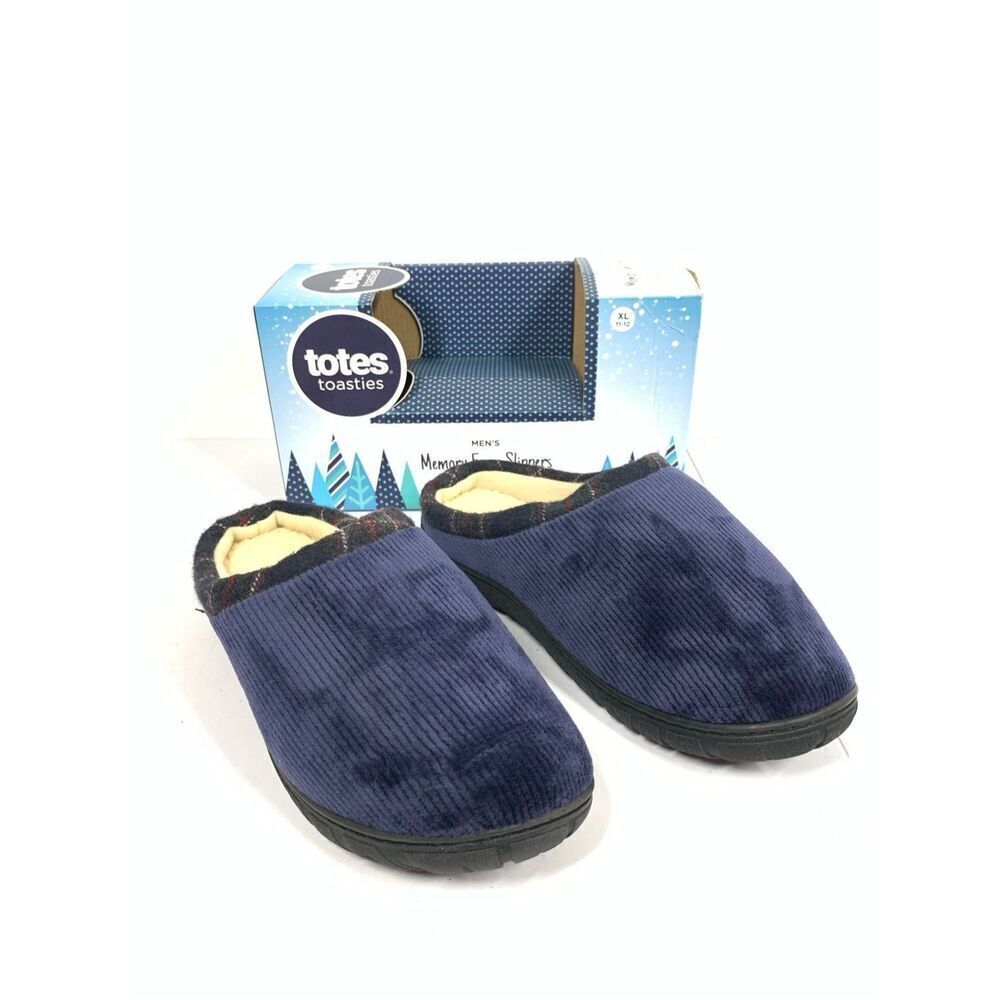 Totes Toasties Memory Foam Navy & Plaid Corduroy Slippers Men Size 11-12 XL NIB